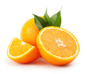 Ripe oranges with leaves