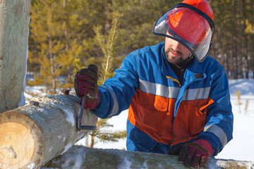 Worker in blue overalls mounts support power lines