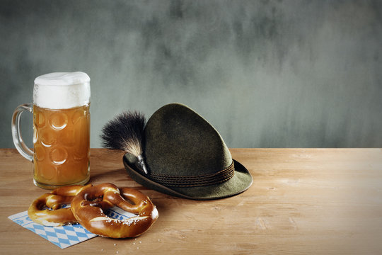 Masskrug beer, Pretzel and Hat with Gamsbart