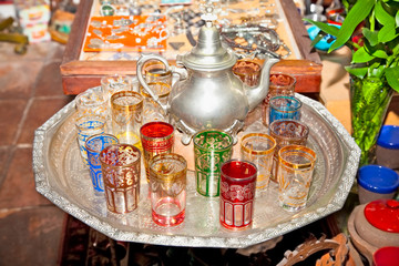 Typical arabian vintage silver teapots with glasses in Cordoba,