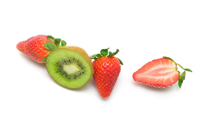 kiwi and strawberries on a white background - top view.