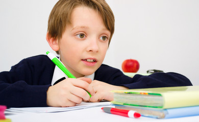 Schoolboy writing homework from school in workbook