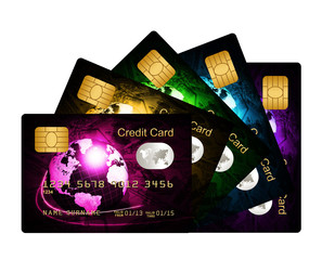 fan of credit cards over white background