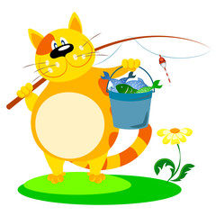 cat with a fishing rod and fish