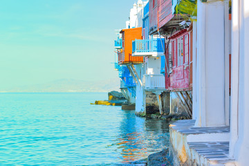Greece, closeup on little Venice Mykonos capitol - obrazy, fototapety, plakaty