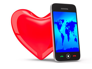 phone and heart on white background. Isolated 3D image