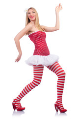 Woman in red dress isolated on white