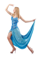 Naklejka premium Attractive woman in blue dress on white