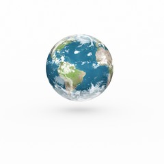 3D Earth model on white background with shadow.