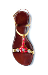 Red coral strass golden leather flip flop sandal