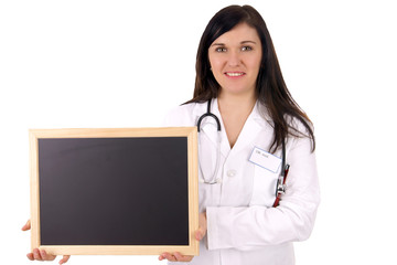 young doctor with stethoscope and empty sign