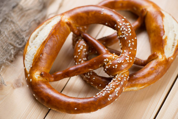 Freshly baked pretzels or brezels, close-up