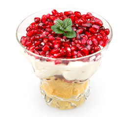 pomegranate dessert with savoiardi and mint isolated