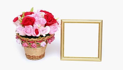 Paper flower in a basket with blank gold frame