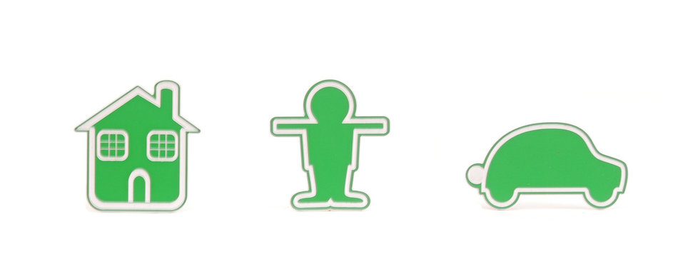 Green small person with house and car on white background