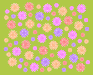 green grass background and four color flowers