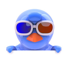 Blue bird in 3d glasses peeps over top