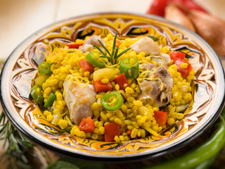 chicken paella, selective focus