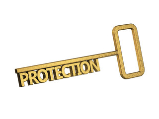 golden key with word protection on a white background