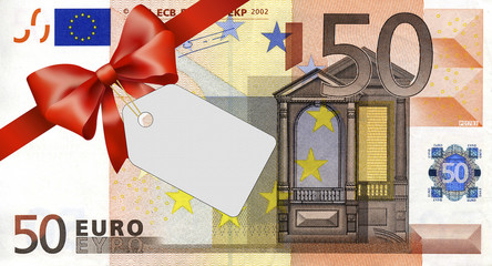 50 Euroschein mit rotem Band und Schleife mit Label