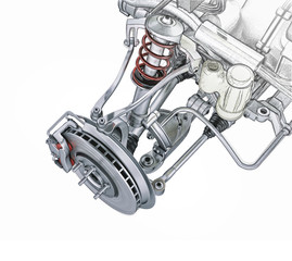 Multi link front car suspension, with brake. Photorealistic 3 D - obrazy, fototapety, plakaty