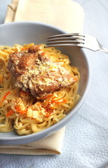 Noodles with rabbit stewed with carrots and onions in sour cream