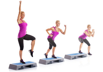 woman step aerobics exercise - obrazy, fototapety, plakaty