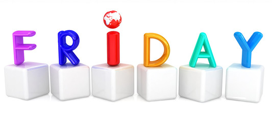 3d letter is colorful with white cubes "Friday"