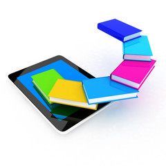 tablet pc and colorful real books and on white background