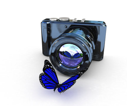 3d illustration of photographic camera and butterfly on white