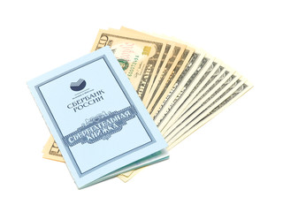 savings book and U.S. dollars isolated on white background