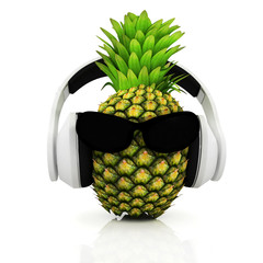 Pineapple with sun glass and headphones front "face" on a white