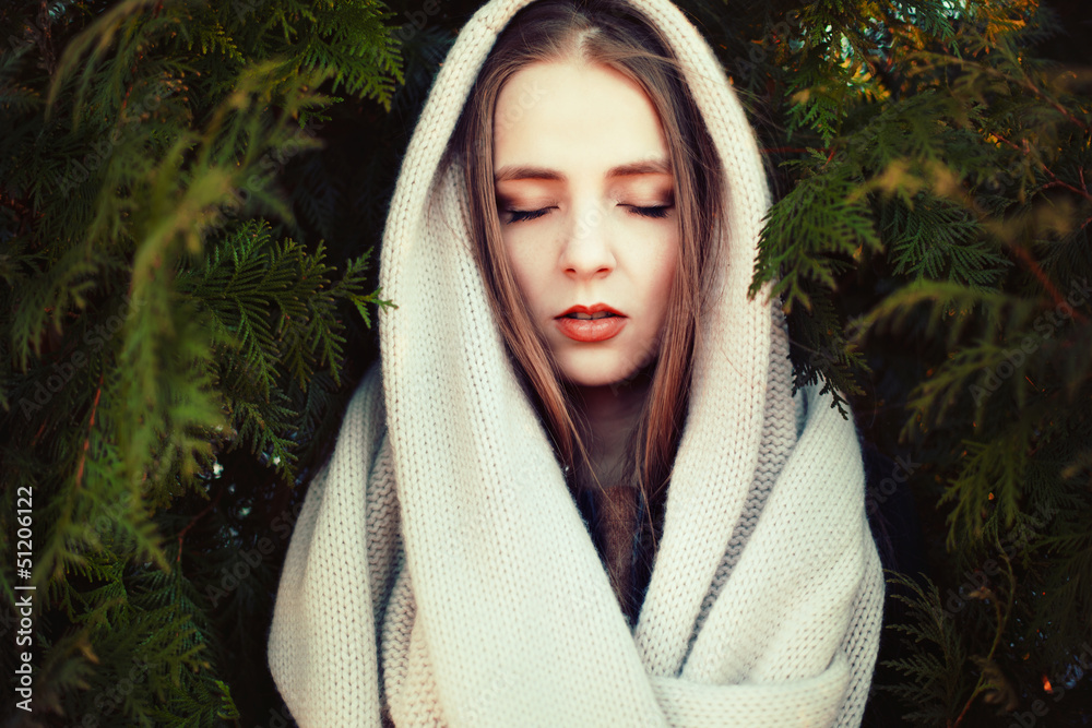 Wall mural Outdoor portrait of young sensual woman with closed eyes