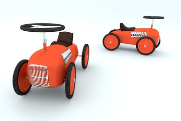 Two red toy car on white background, rendered model