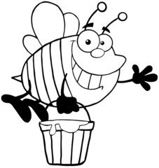 Outlined Smiling Bee Flying With A Honey Bucket