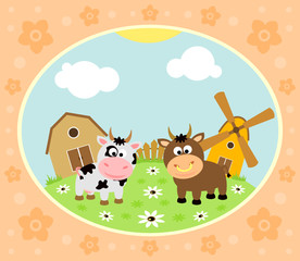 Farm background with funny cow and bull