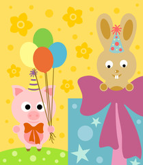 Cartoon background  with funny pig and rabbit