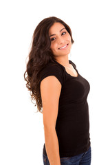 Portrait of a pretty young woman standing against white backgrou