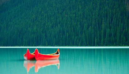 Printed roller blinds Canada Canoes floating peacufully on Lake Louise near Banff.
