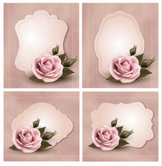 Collection of retro greeting cards with pink roses. Vector illus
