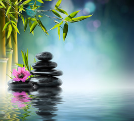 Fototapeta na wymiar wieża czarny kamień i hibiskusa z bambusa na wodzie