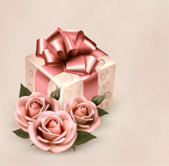Holiday retro background with pink roses and gift box. Vector il
