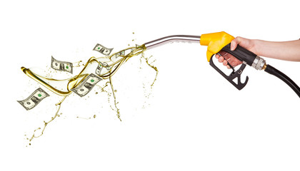 Concept of dollar banknotes and petrol splashing out of pistol