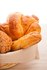 basket of pastries with muffins, croissants
