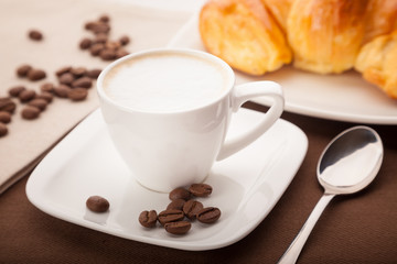 morning breakfast with coffee milk and croissant