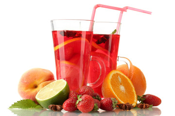 sangria in glasses with fruits, isolated on white