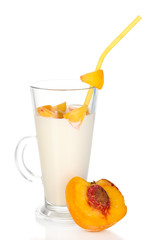 Delicious milk shake with peach isolated on white