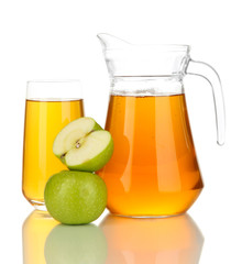 Full glass and jug of apple juice and apples isolted on white