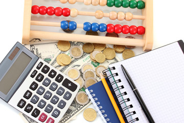 Bright wooden abacus and calculator. Conceptual photo of old