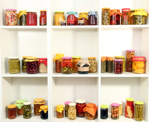 Different conservations on white shelves
